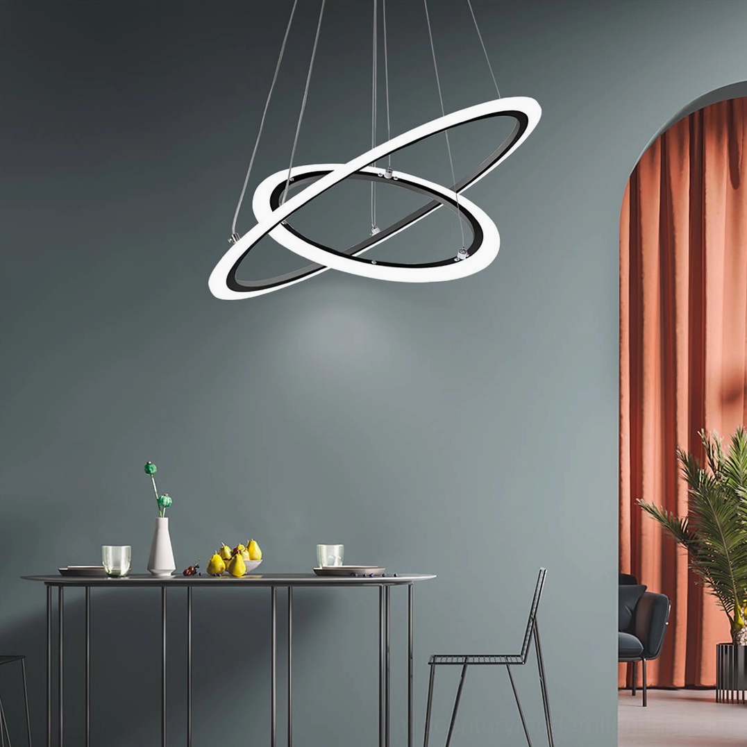 Contemporary geometric ring chandelier featuring integrated tri-color changing LED light source for residential spaces