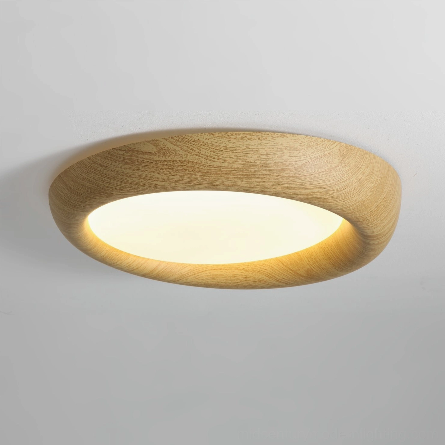 Integrated LED ceiling light with natural wood veneer, warm color temperature demonstration