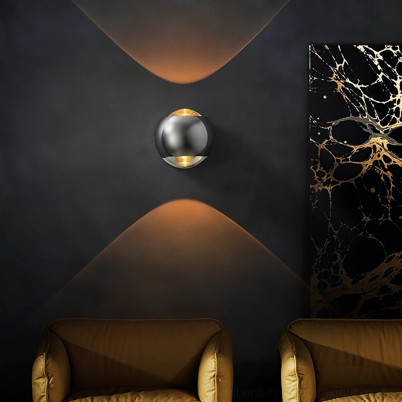 Io Verticale chrome black wall lamp living room velvet armchair luxury ambient lighting