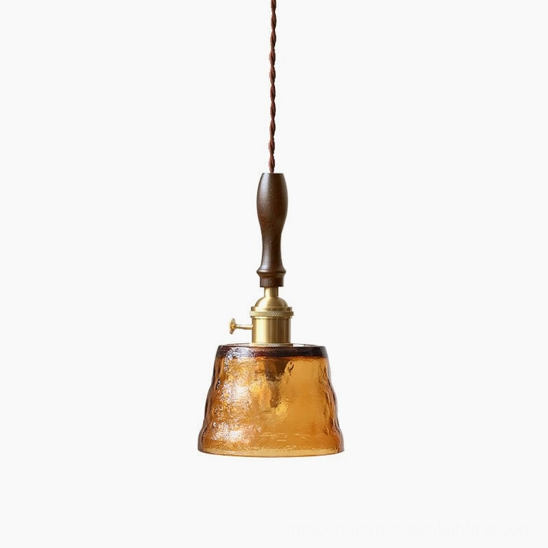 Jace amber walnut pendant lamp full product view showcasing glass shade and wooden handle design