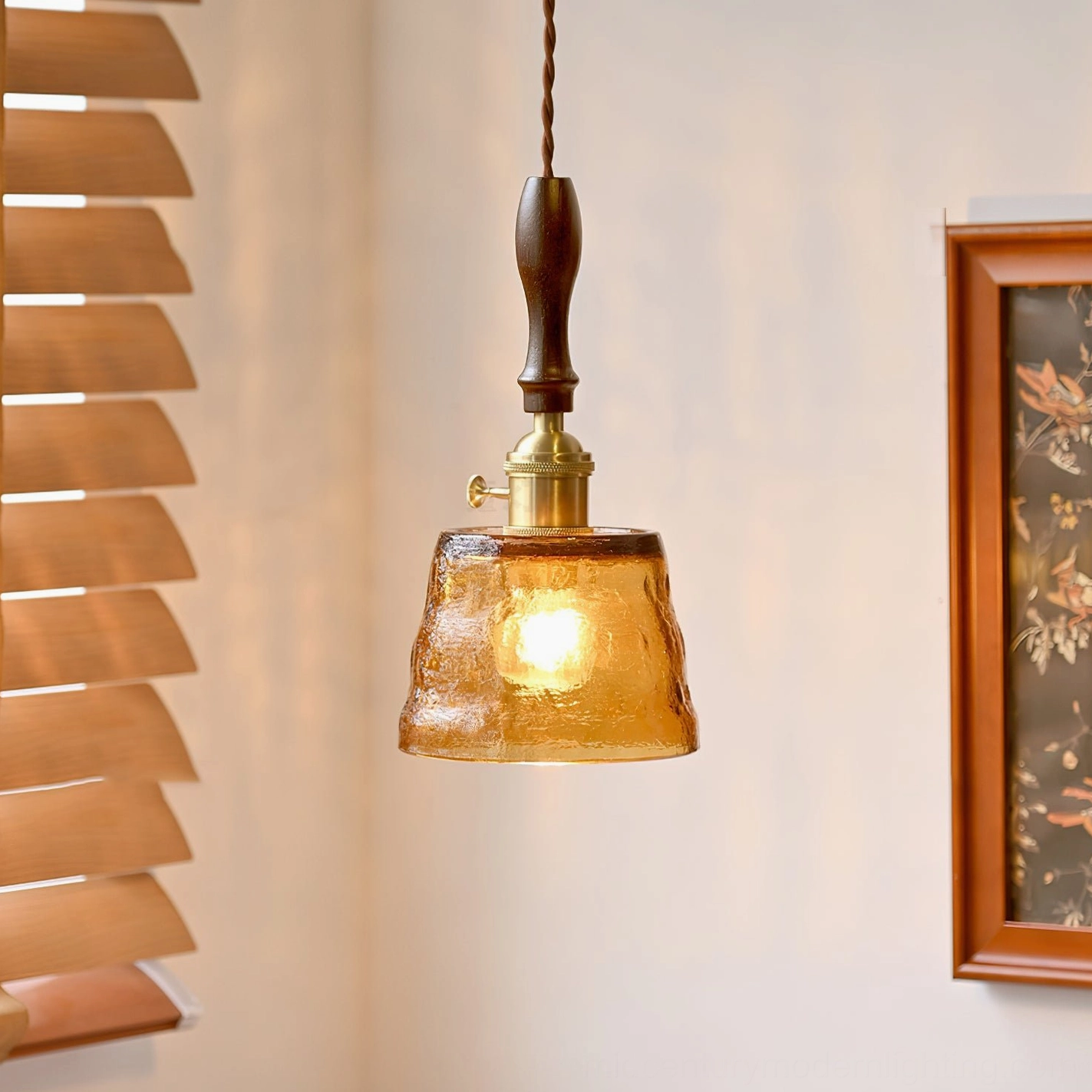 Jace vintage pendant light hanging in residential corner with warm interior lighting and fabric cord detail