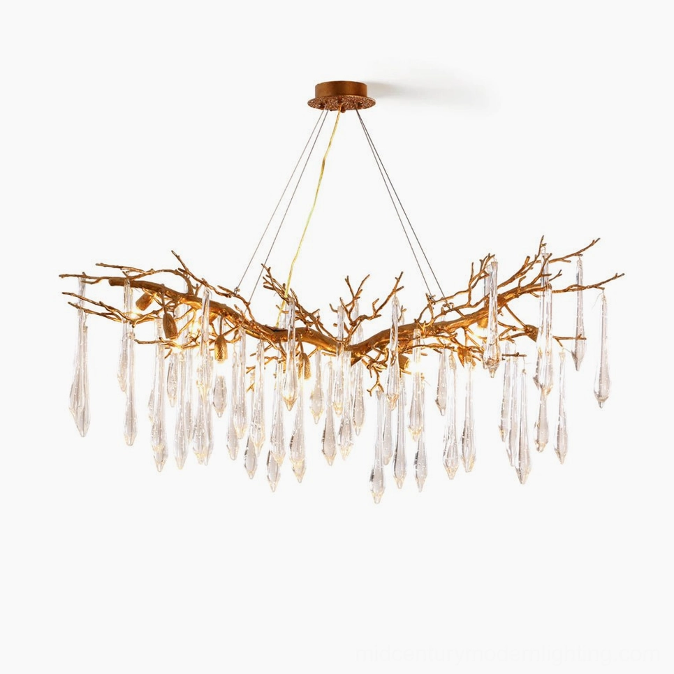 Janae brass chandelier with crystal pendants, overhead front view showcasing symmetrical branch-like structure in polished gold finish