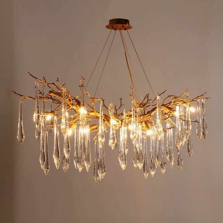Janae brass crystal chandelier product hero shot, mid-century modern pendant lighting with hanging glass crystals and brass frame