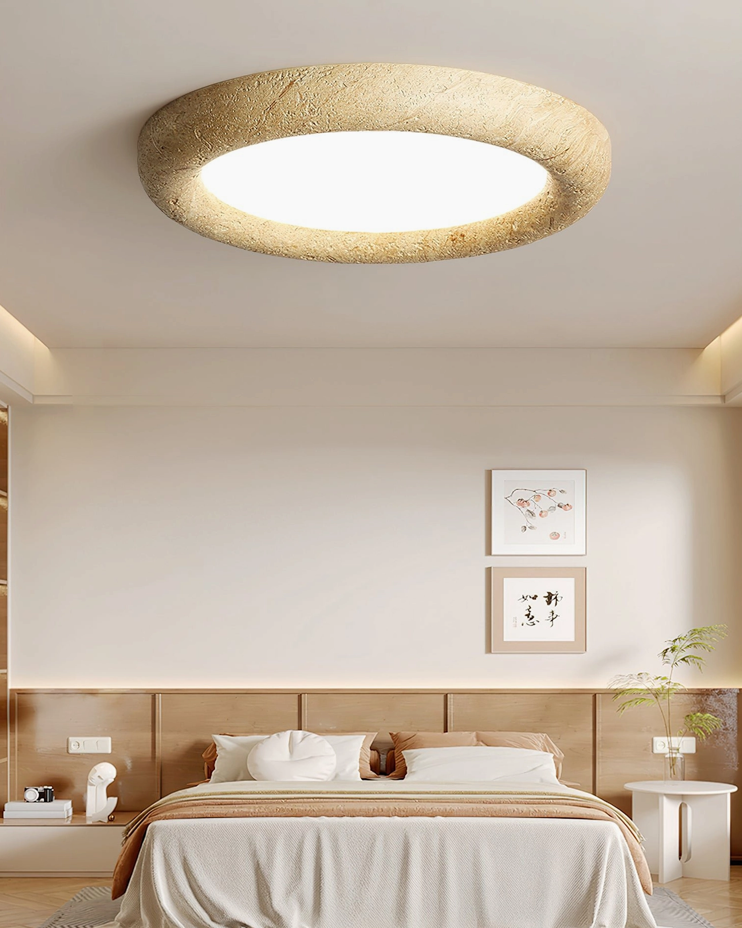 Japandi style bedroom with stone ceiling light and minimalist wall art prints