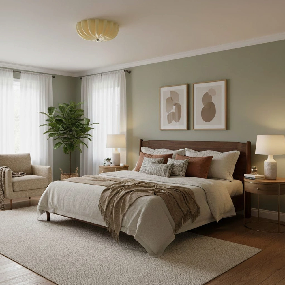 Jelly cream ceiling lamp installed in modern farmhouse bedroom, soft ambient lighting