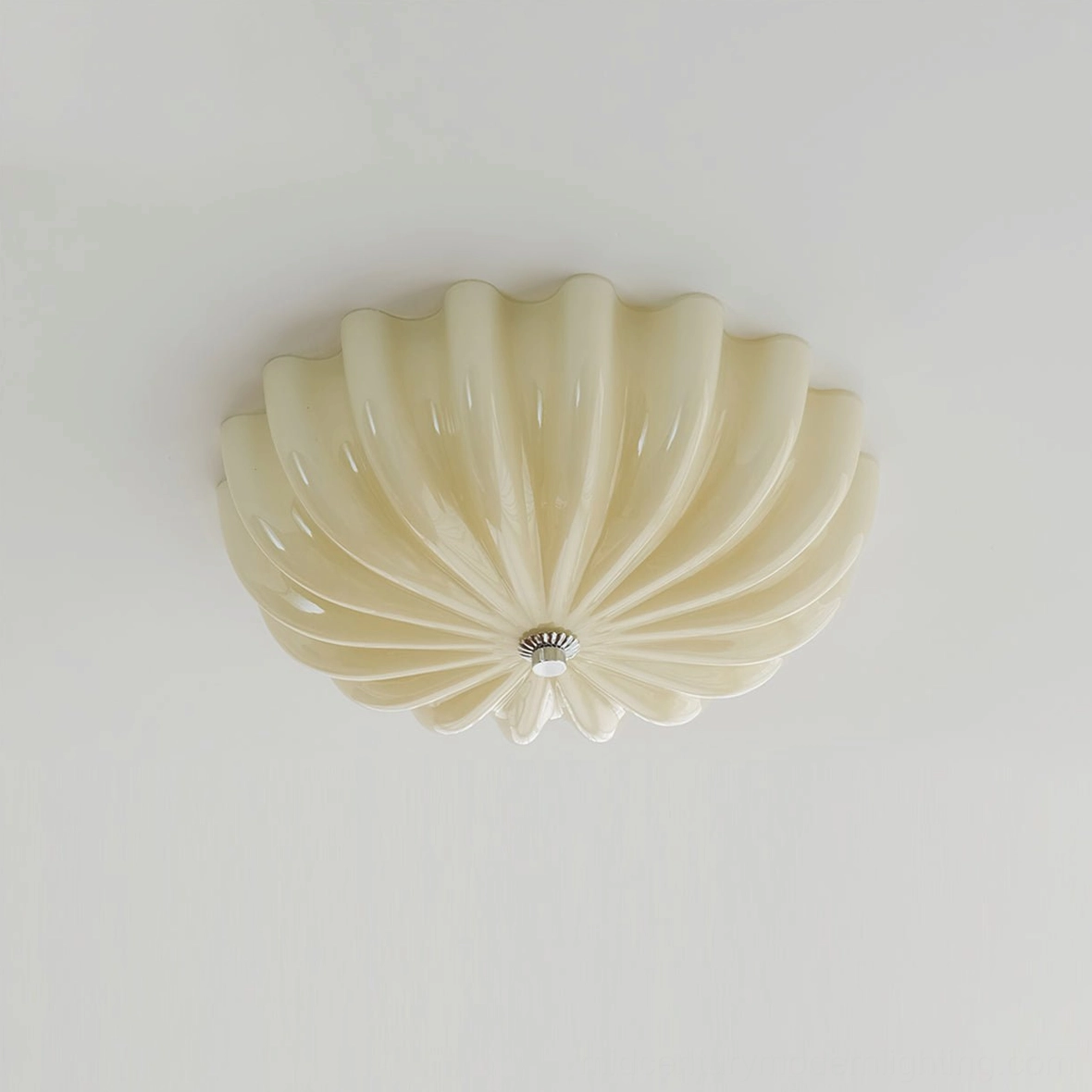 Jelly ceiling lamp front view showing detailed ribbed petals, metal finial, and cream glass