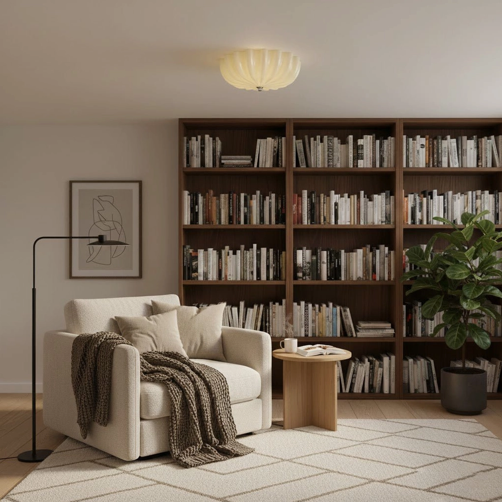 Jelly petal ceiling light installed in minimalist living room with bookshelf, even illumination