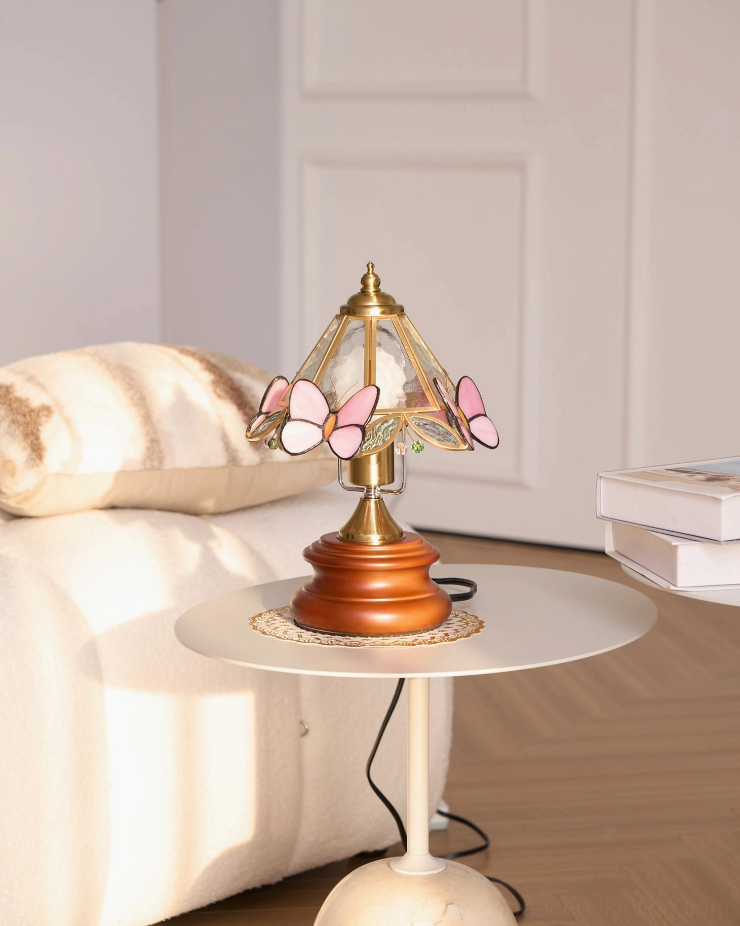 Butterfly table lamp with pink butterfly accents and walnut base, elegant front-facing product view