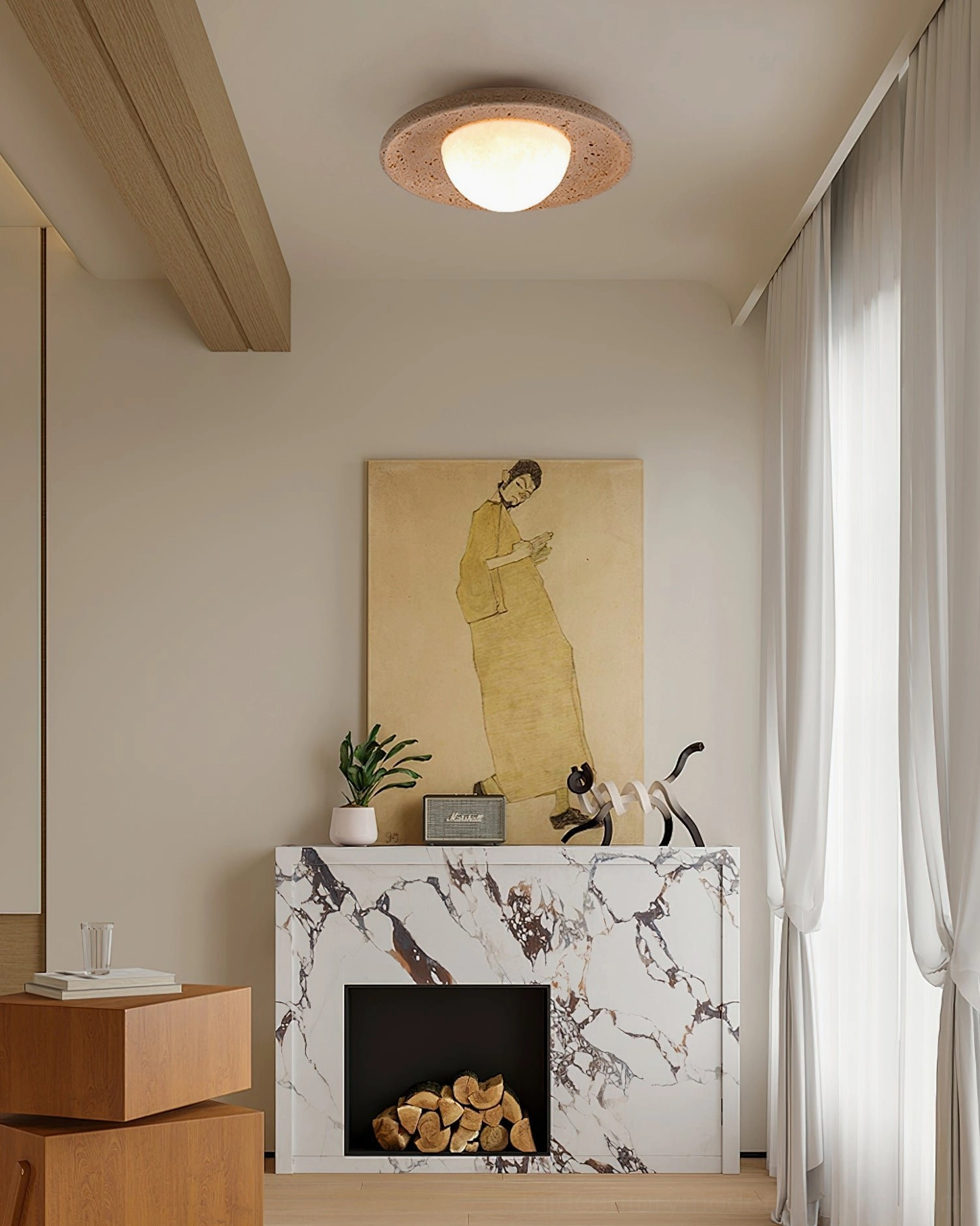 Jenny travertine flush mount light glowing above minimalist marble fireplace in rustic modern living room