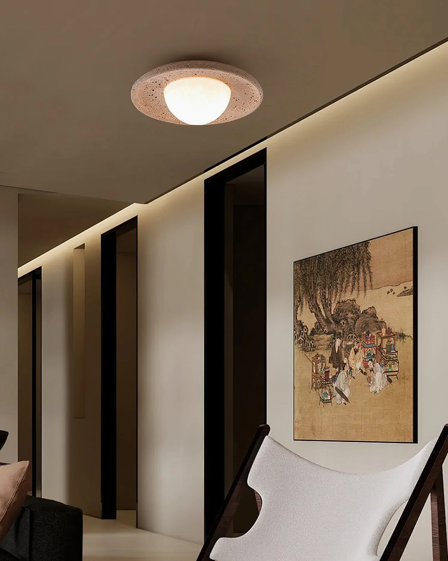 Jenny flush mount ceiling light warming minimalist hallway with traditional wall art and soft illumination