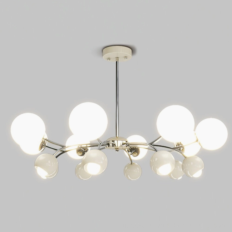 Symmetrically illuminated Jervon 16-head sputnik chandelier with evenly arranged chrome arms and bright frosted glass lighting orbs