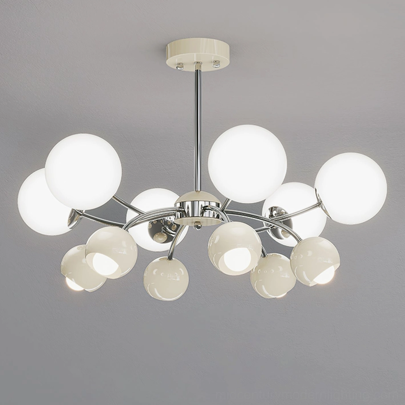 Jervon asymmetrical multi-arm sputnik glass ball chandelier with polished chrome frame and frosted shades on neutral background