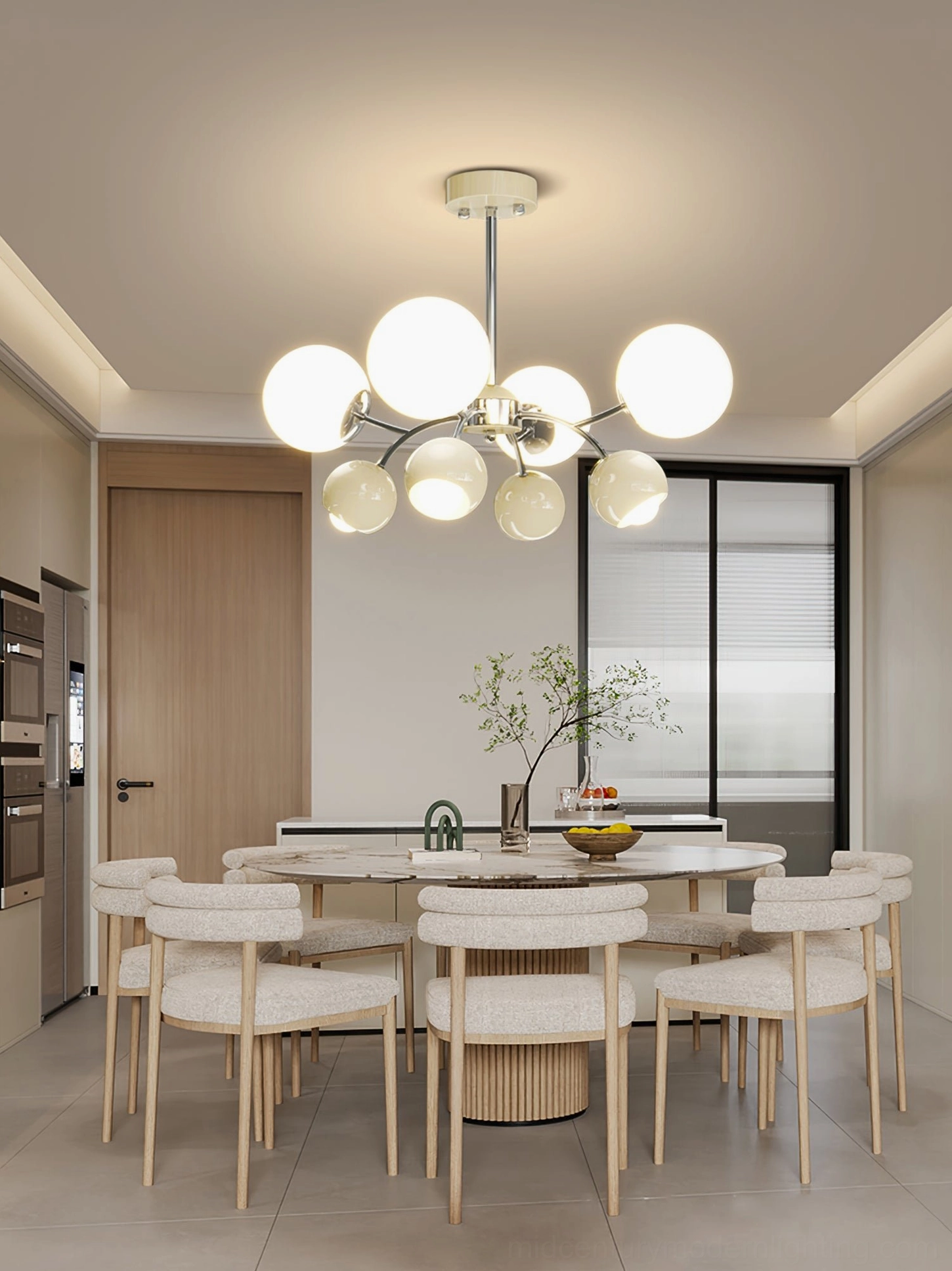 Jervon sputnik chandelier creating soft ambient lighting in modern Nordic dining space with minimalist interior design
