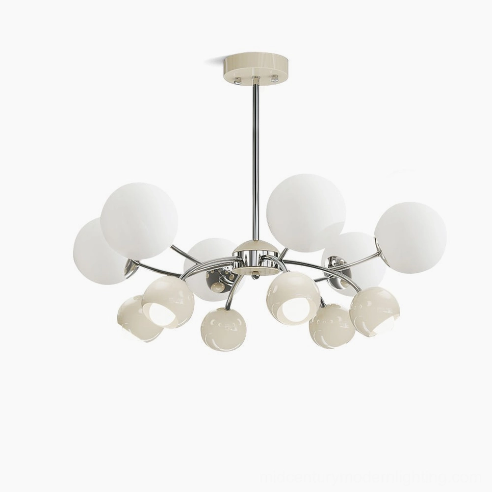 Jervon mid-century modern sputnik chandelier with polished chrome frame and frosted white glass shades, top-down view showcasing asymmetrical multi-arm atomic design