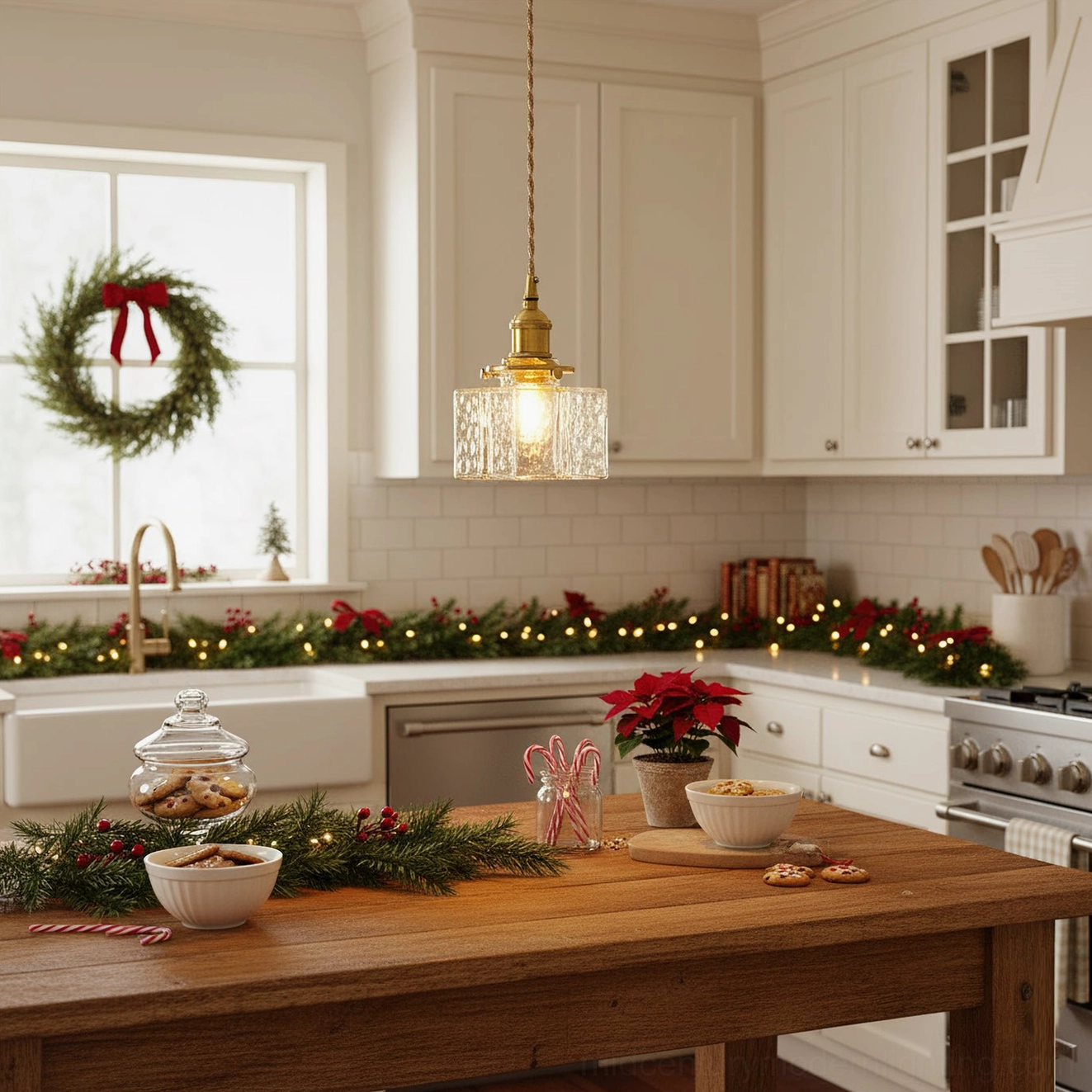 Single jewel brass pendant light suspended in festive kitchen-dining zone with holiday decorations and place settings