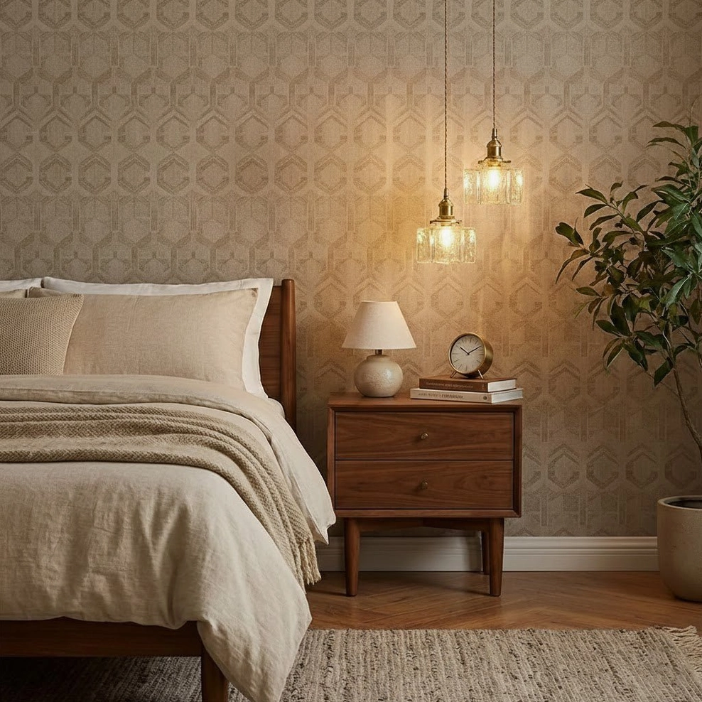Pair of jewel brass pendant lights installed over vintage bedroom nightstand with wooden furniture and warm neutral decor