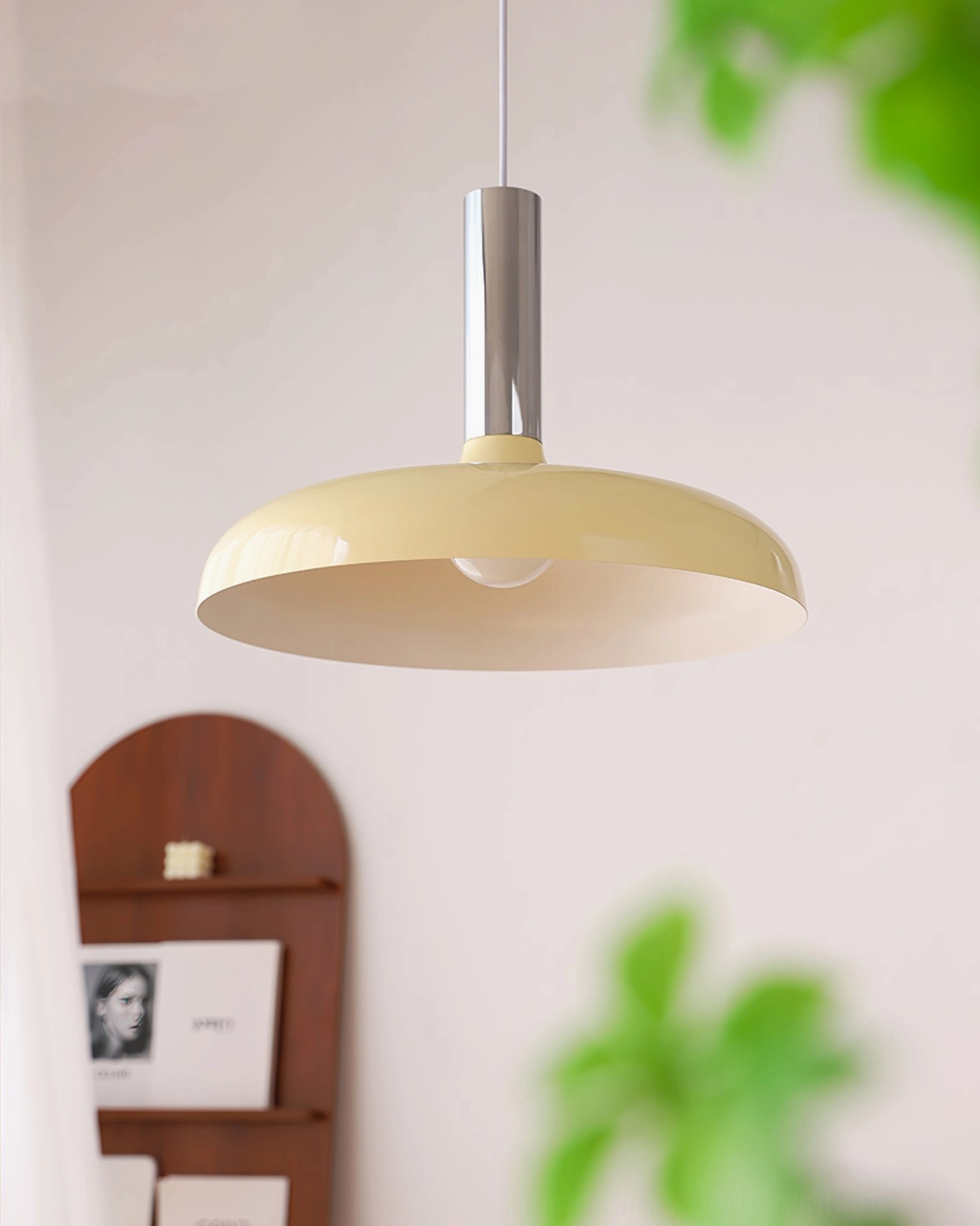 Julia pendant lamp cream finish with silver rod installed above plant display, Nordic minimalist interior styling