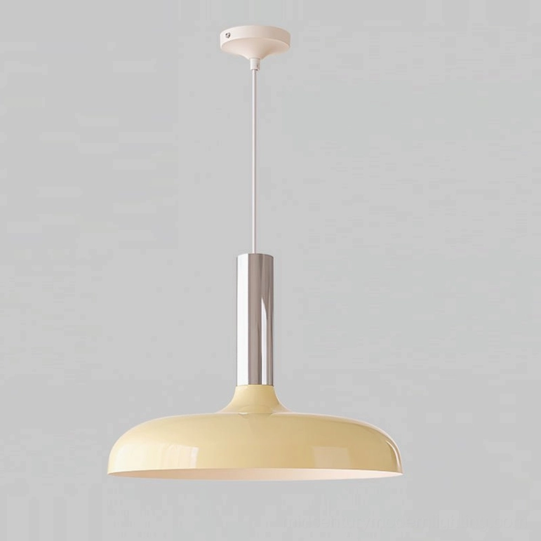 Julia cream disc pendant lamp with chrome metal stem, Scandinavian minimalist design showcase
