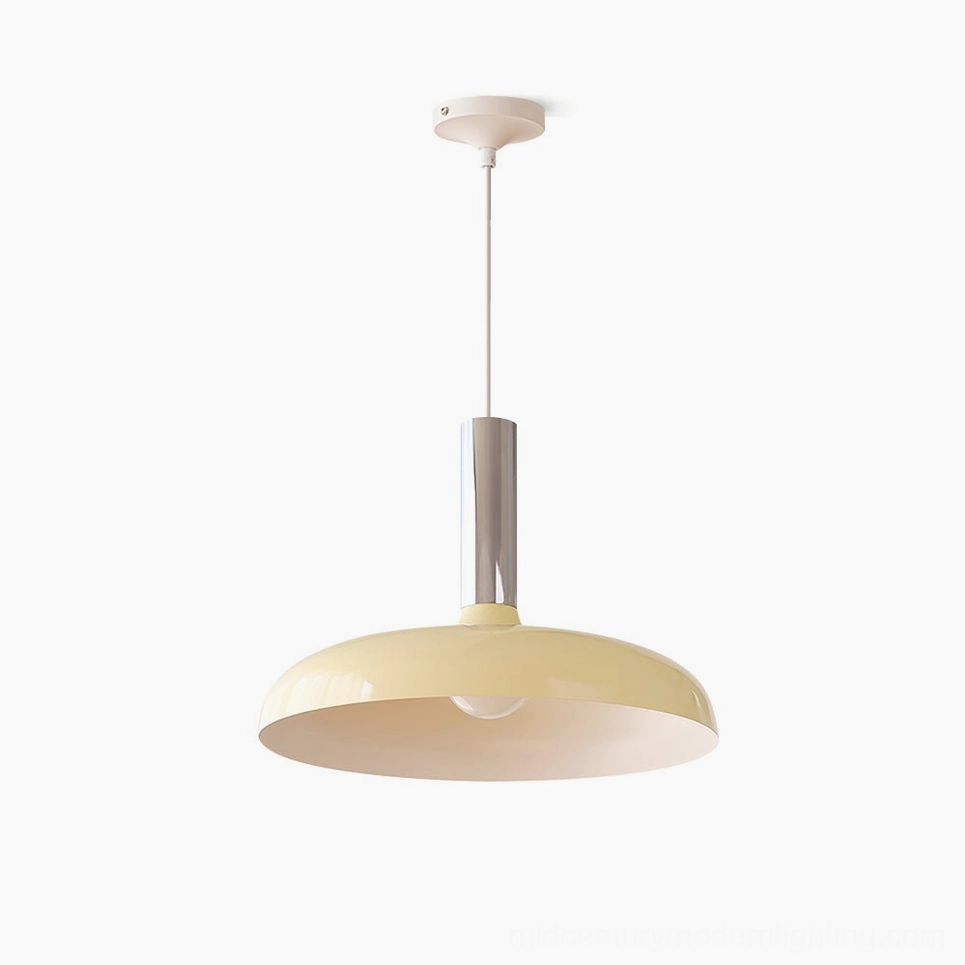 Julia pendant lamp cream disc shade with polished silver metal rod, studio front view showcasing minimalist mid-century modern design