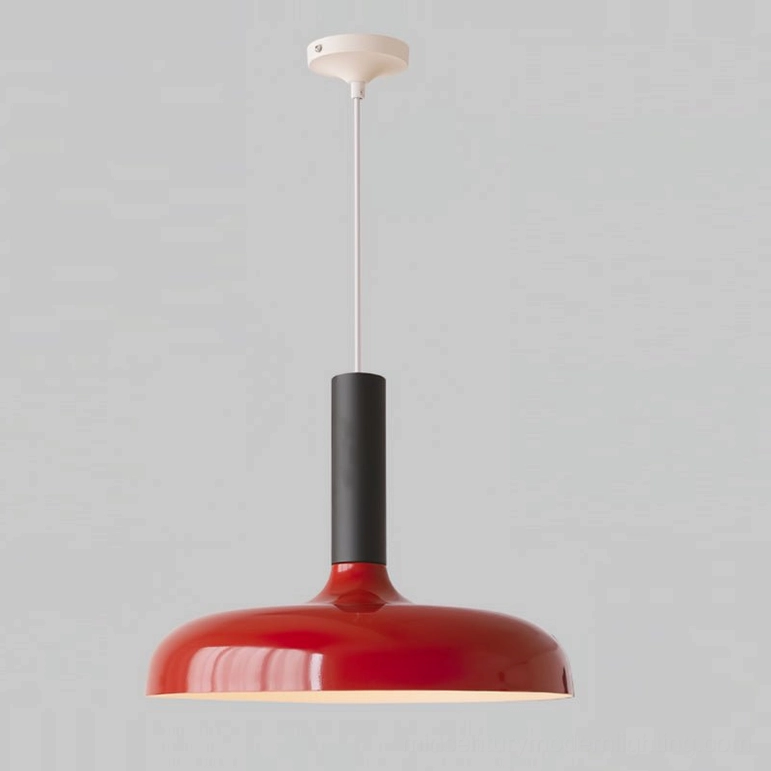 Julia dark red pendant lamp with black metal stem, moody retro minimalist interior design