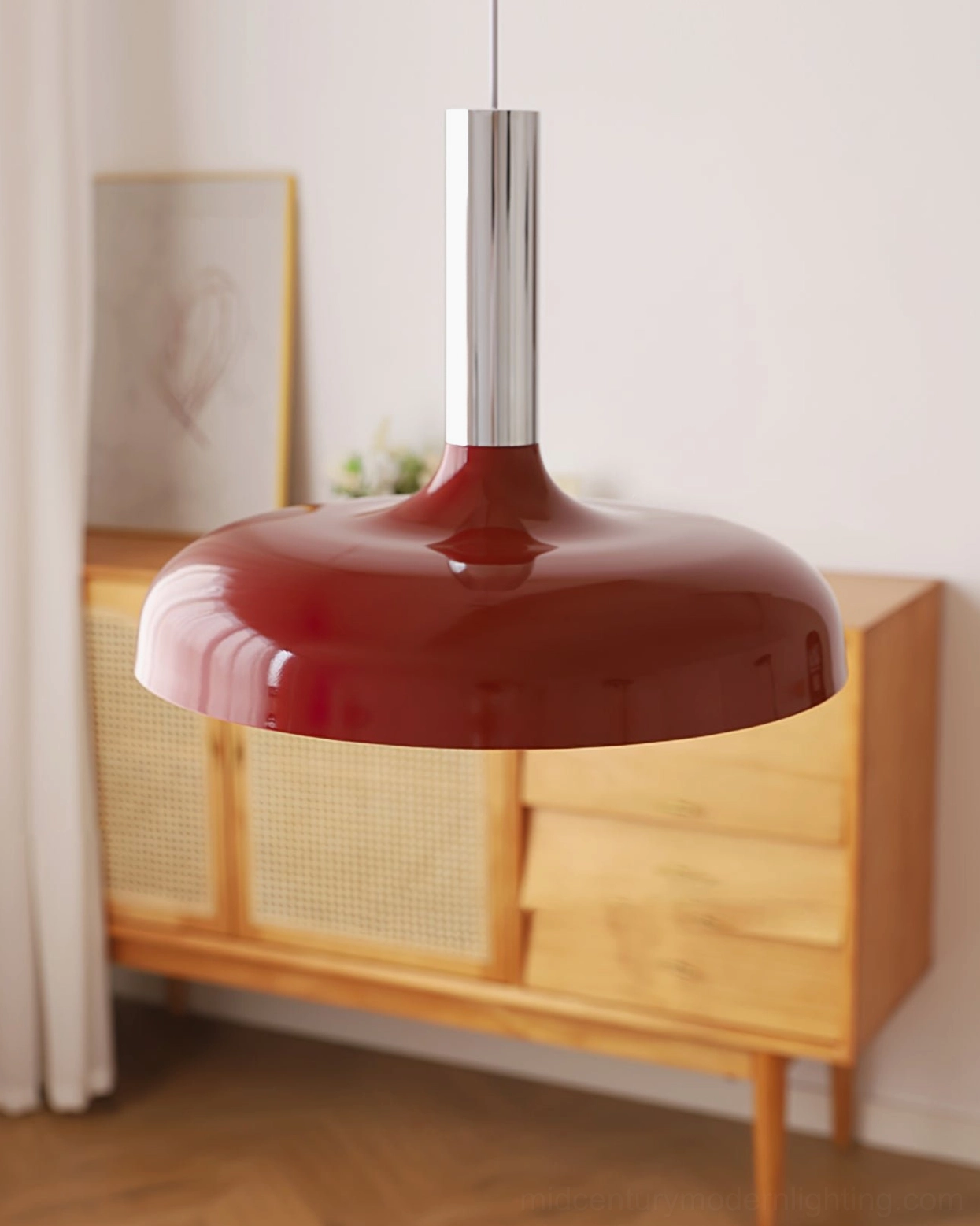 Julia pendant lamp dark burgundy red shade with silver metal rod, minimalist retro design vintage wooden cabinet room