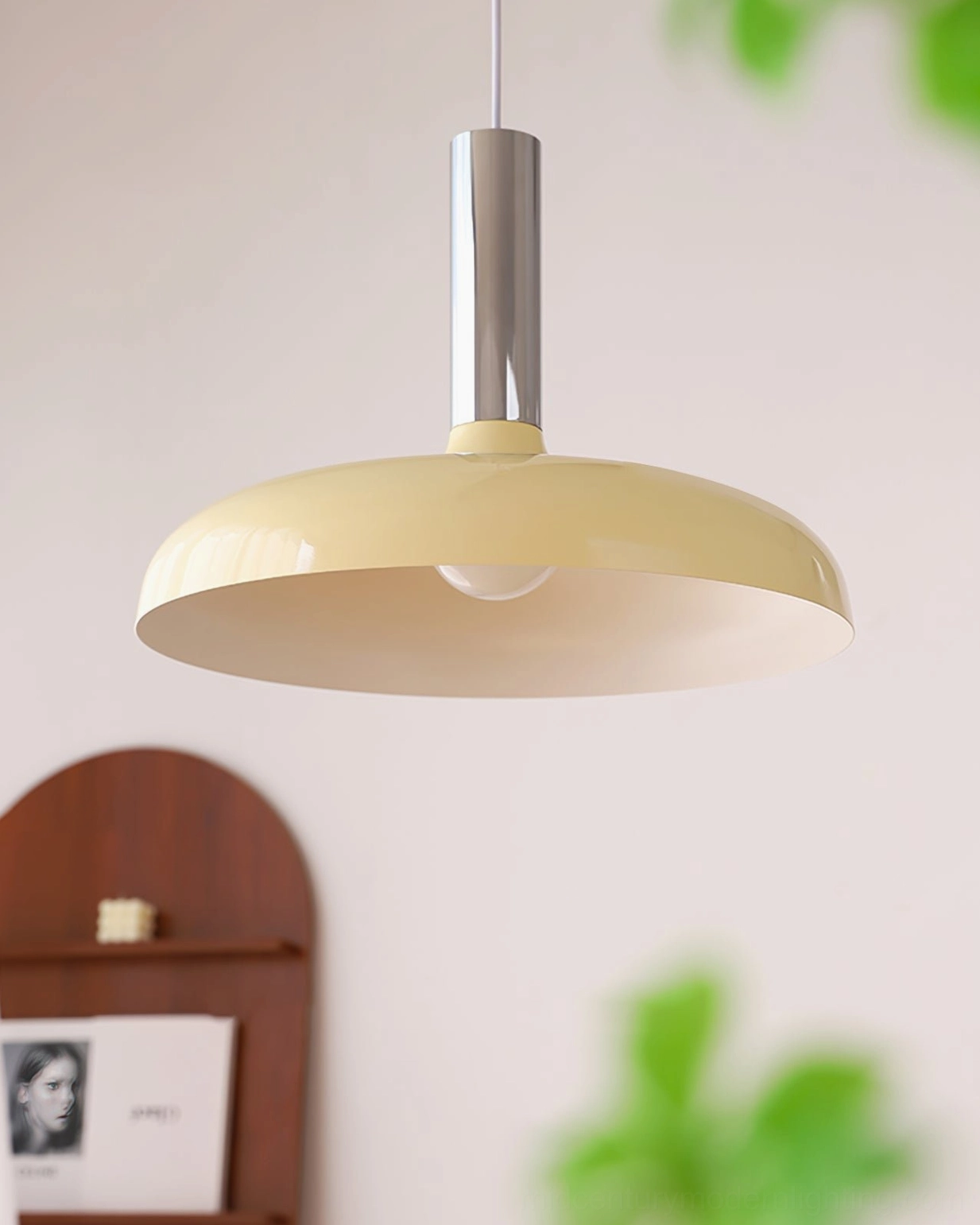 Julia mid-century modern pendant lamp multi-finish sculptural disc shade and metal stem combination