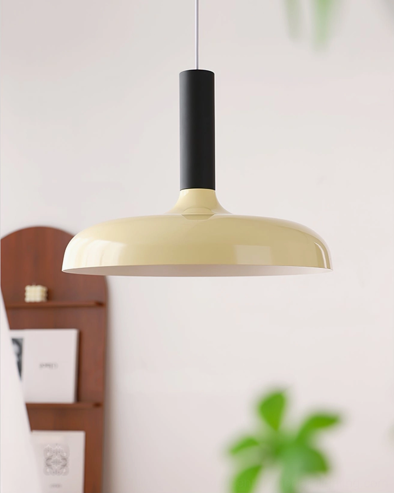 Julia mid-century pendant lamp cream shade with black metal stem, retro minimalist home decor corner installation