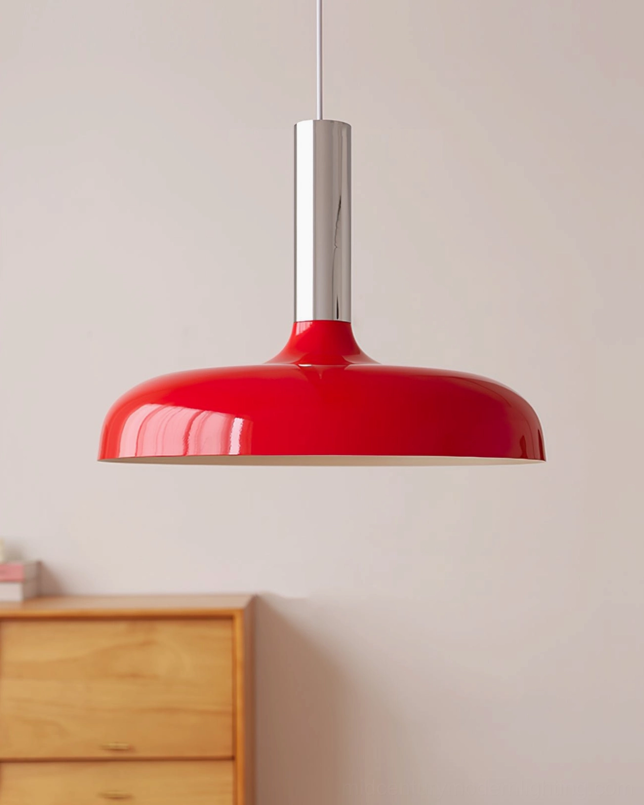 Julia modern pendant lamp bright red shade with polished silver metal stem, minimalist home decor corner