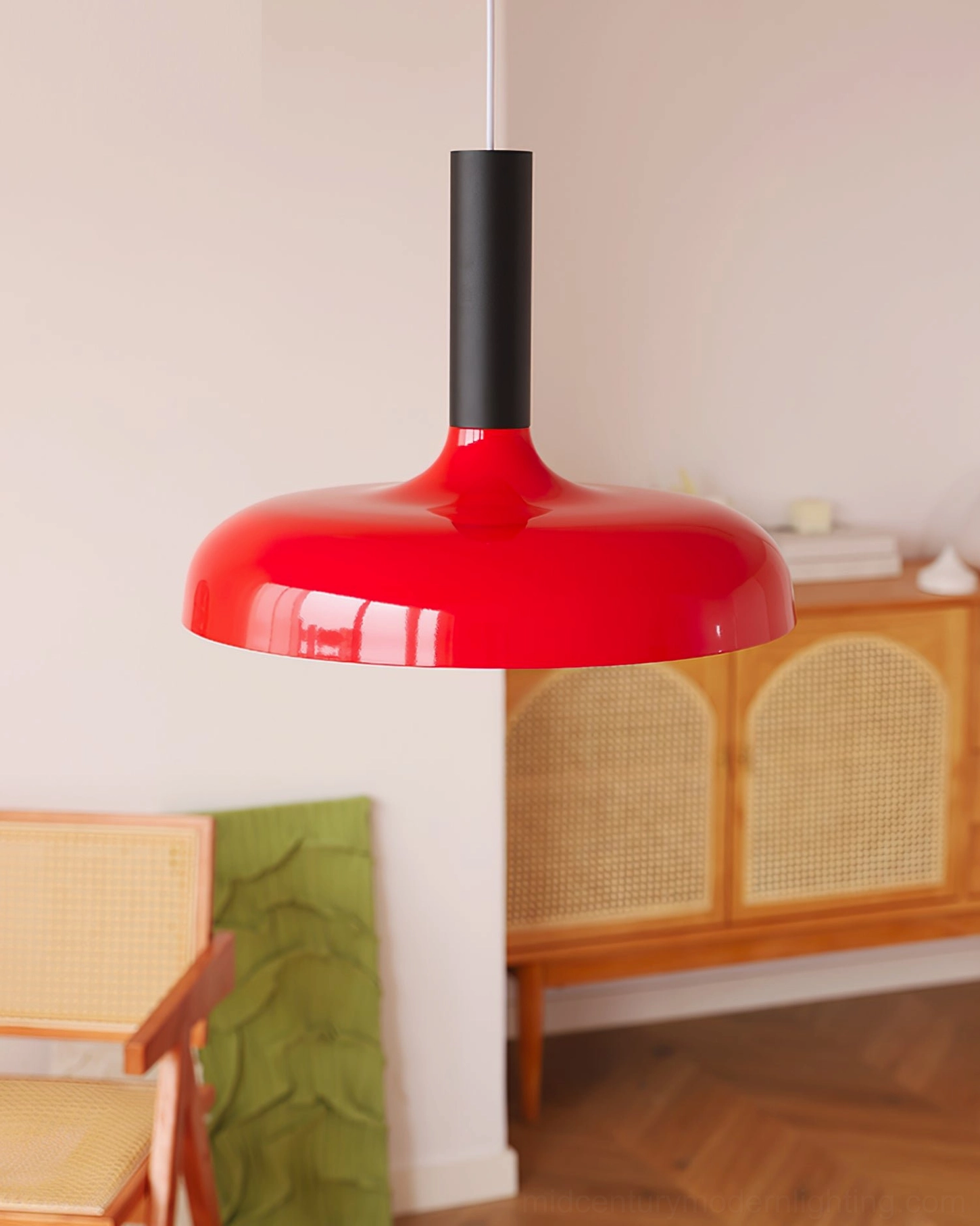 Julia modern pendant lamp bright red disc shade with black metal stem, vintage dining space display