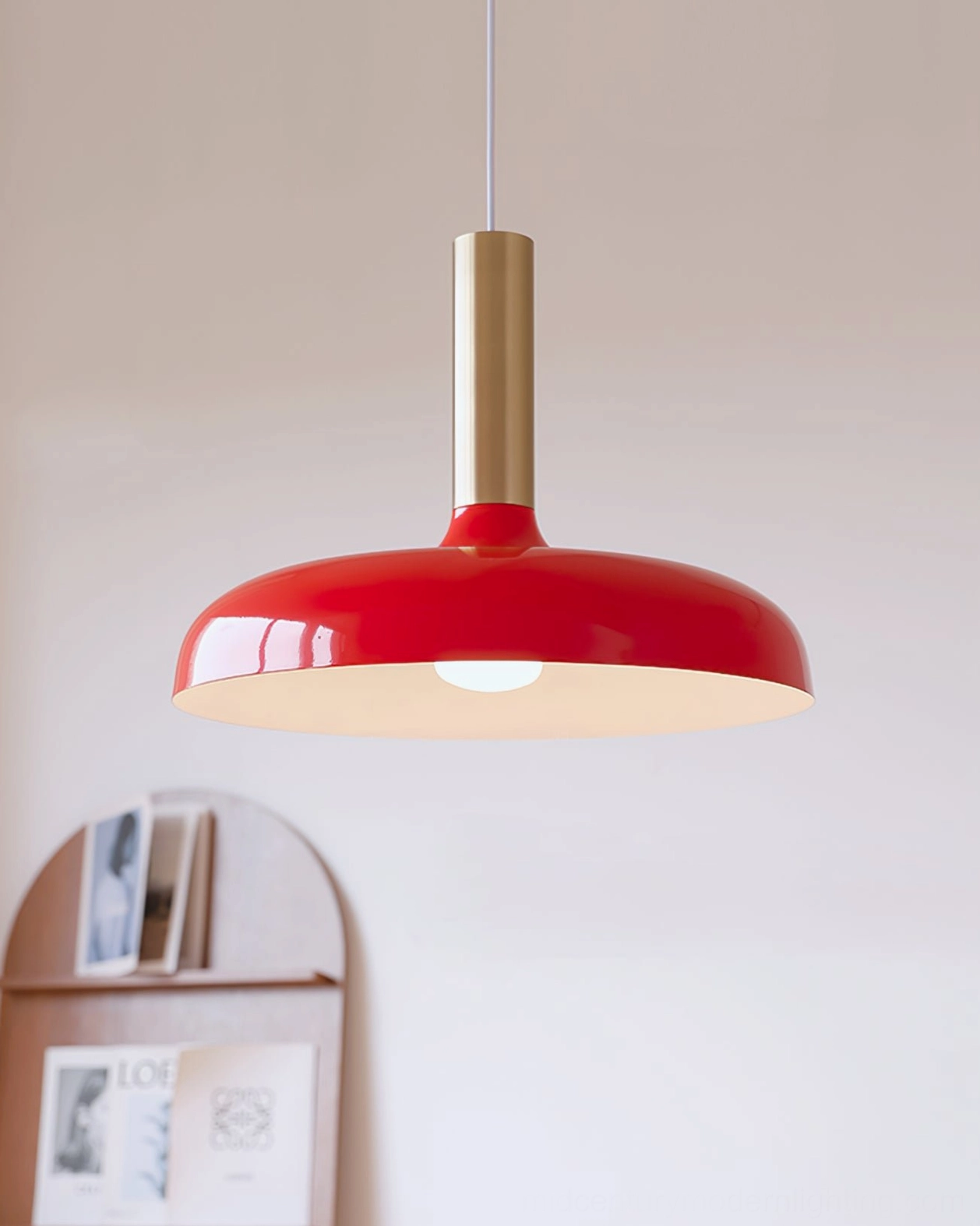 Julia pendant lamp glossy red wide disc shade with brass gold stem, retro styling in contemporary interior
