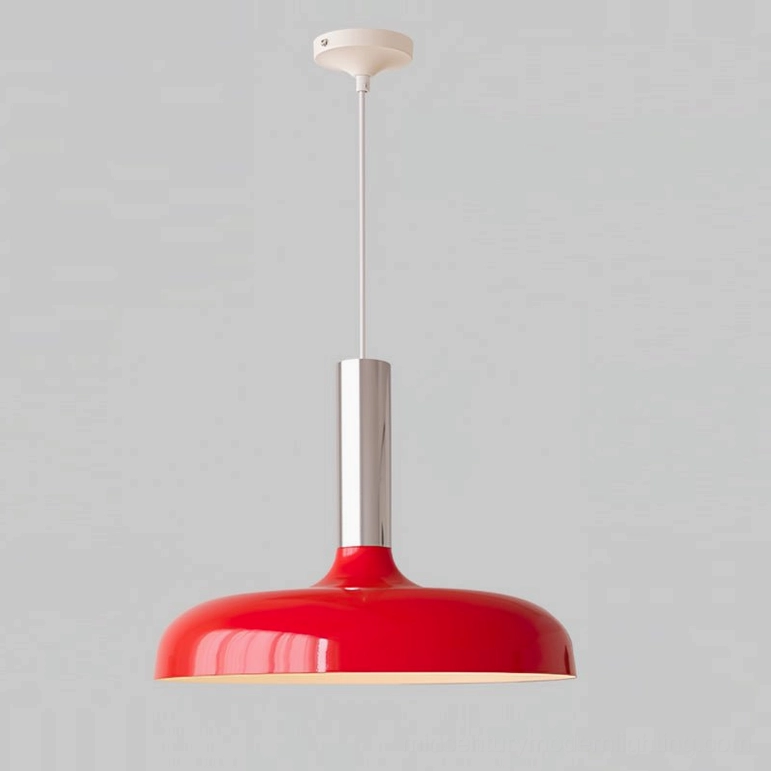 Julia bright red pendant lamp with chrome metal stem, bold contemporary lighting statement