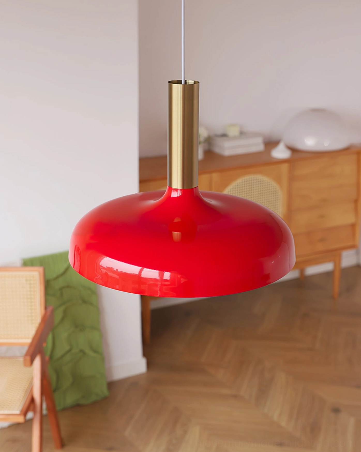 Julia pendant lamp bright glossy red shade with brass gold metal stem, retro Nordic design on wooden floor