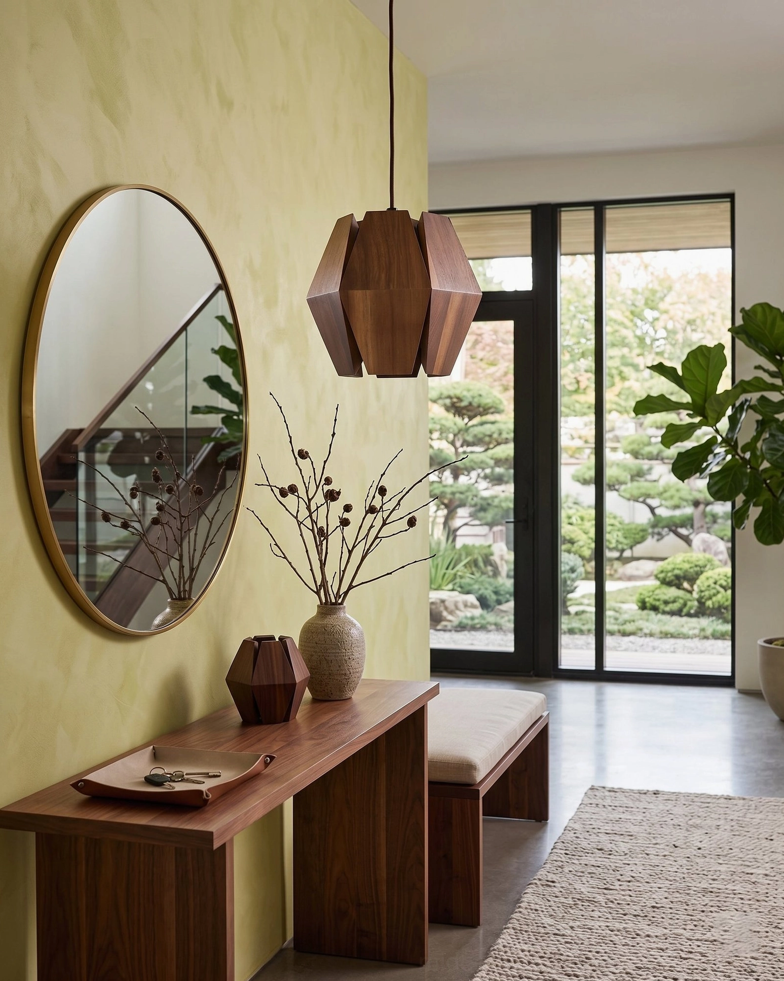 Kaden faceted walnut pendant light architectural geometric design detail close-up view