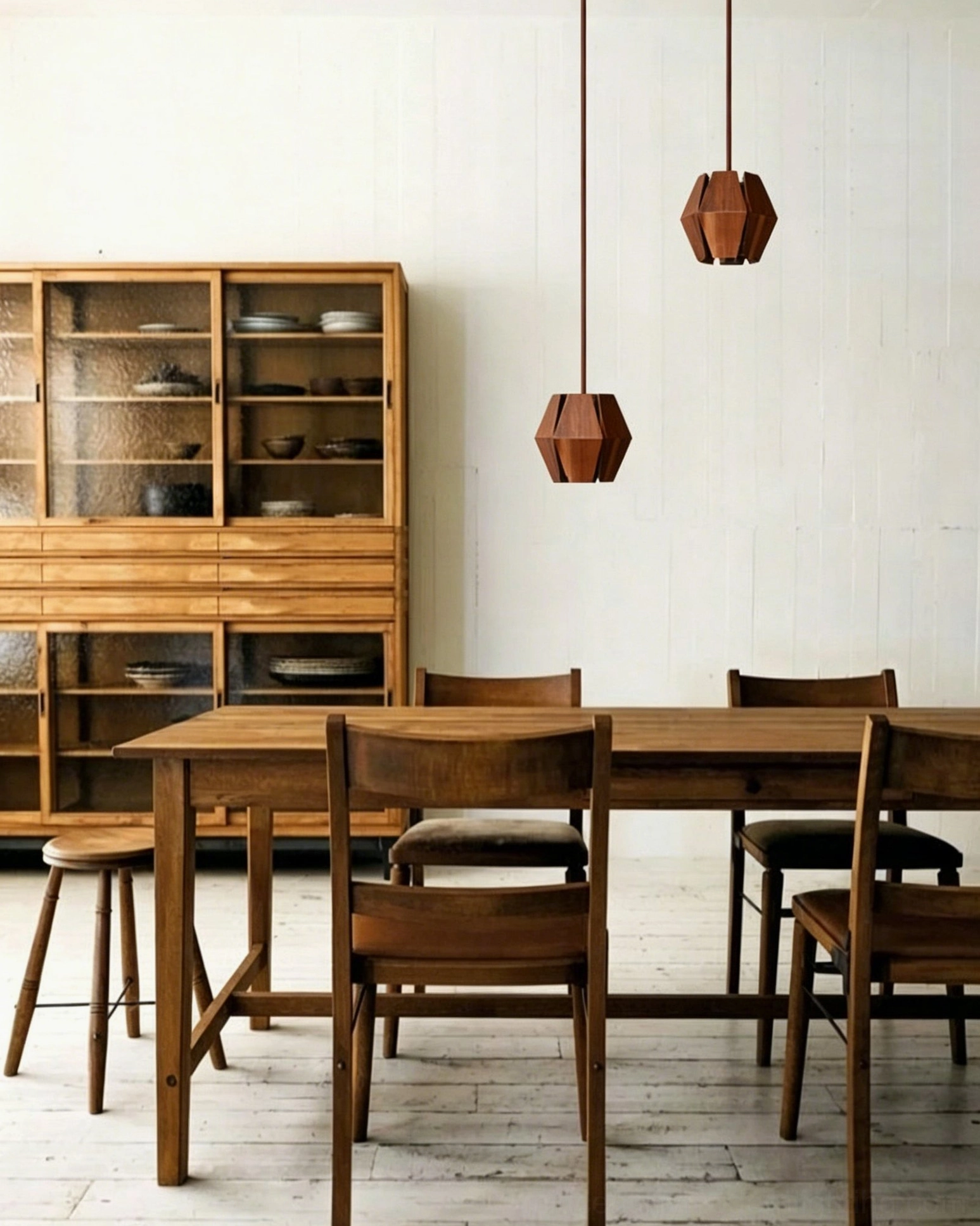 Two matching Kaden wood pendant lights creating symmetrical lighting over full family dining set