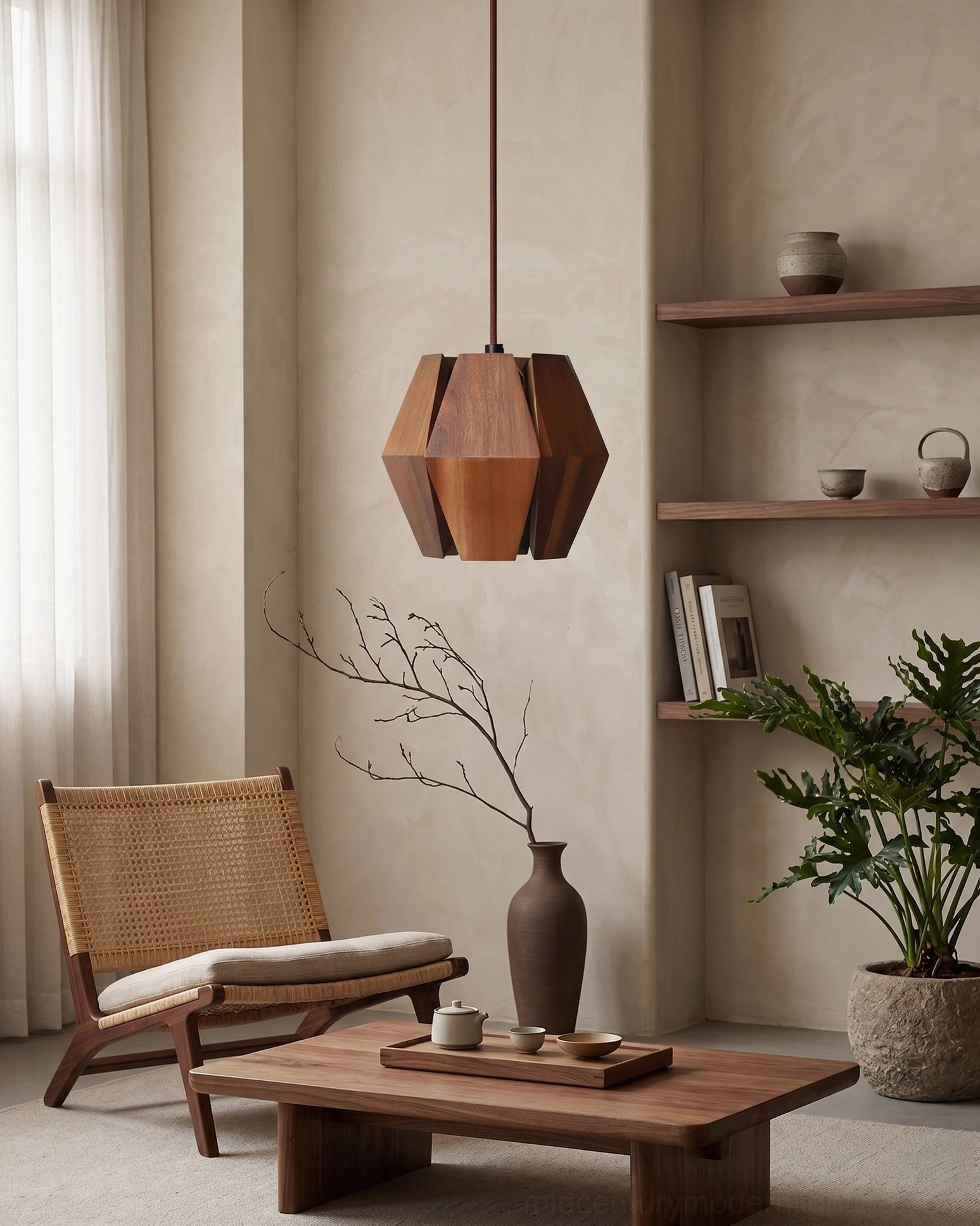 Kaden geometric pendant light above rattan chair and coffee table in wabi-sabi living room