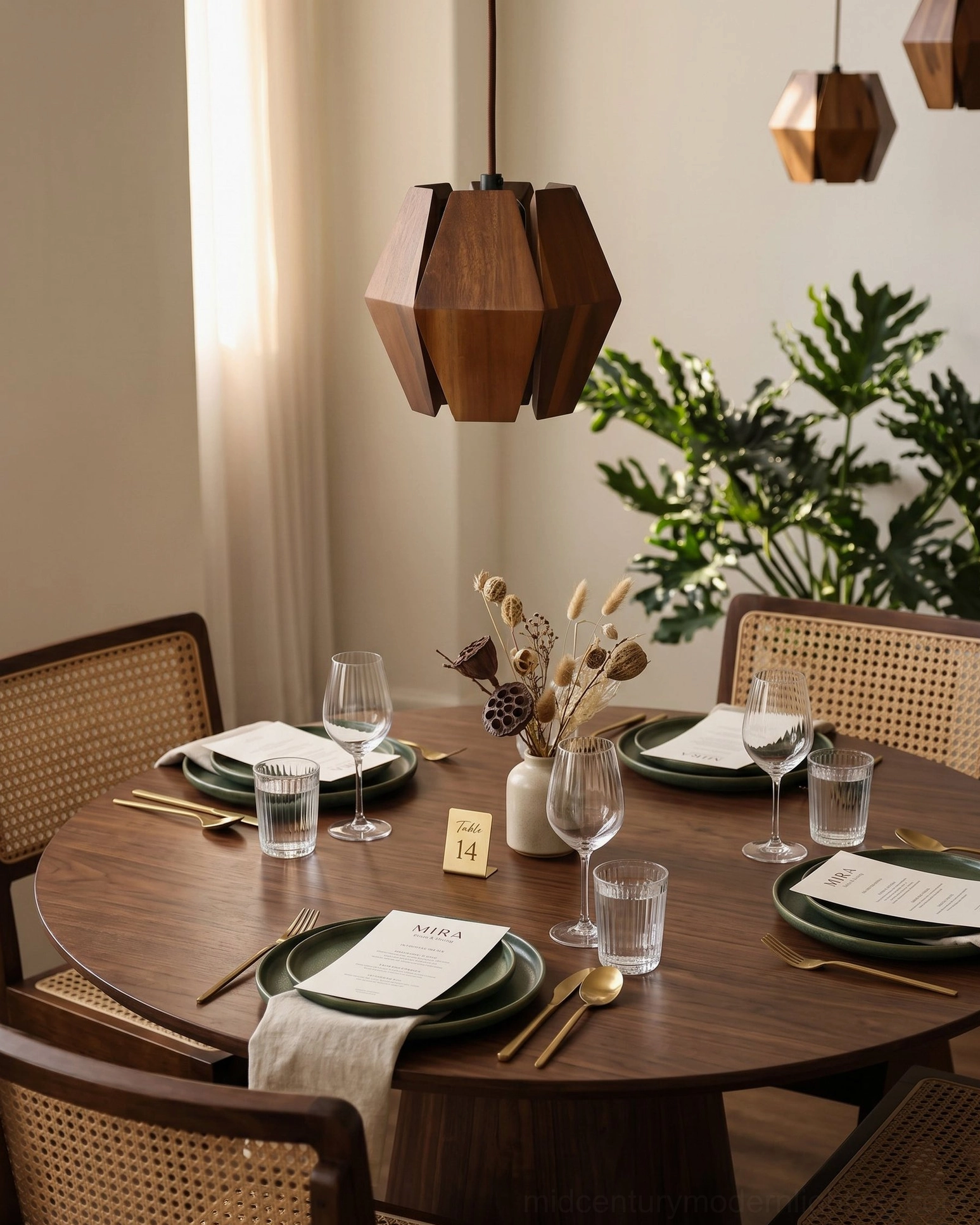Multiple Kaden wood pendant lights suspended above mid-century modern dining table and wooden chairs
