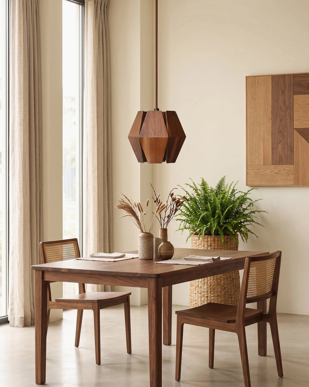 Kaden wood pendant light showcase featuring natural walnut veneer slats and dimensional form