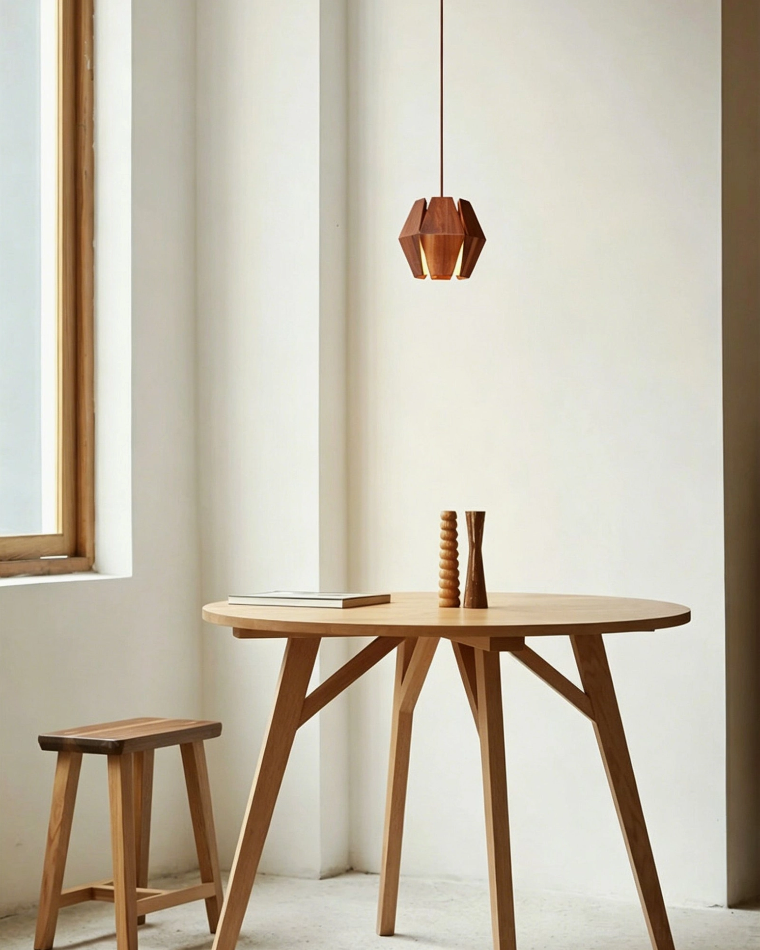 Kaden wood pendant illuminating small breakfast nook with round table and wooden stool