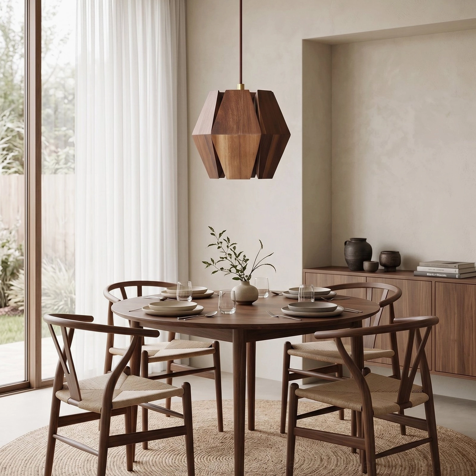 Bright sunlit dining room featuring Kaden wood pendant above wooden table and storage cabinet