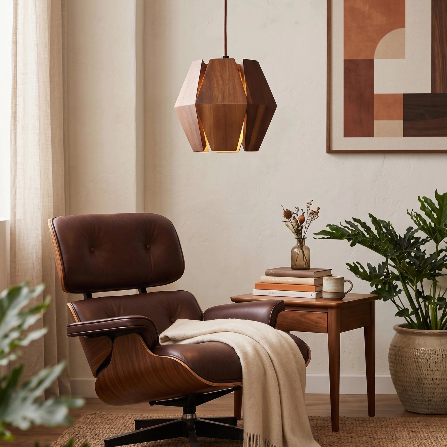 Kaden walnut pendant light illuminating cozy reading corner with leather mid-century lounge chair