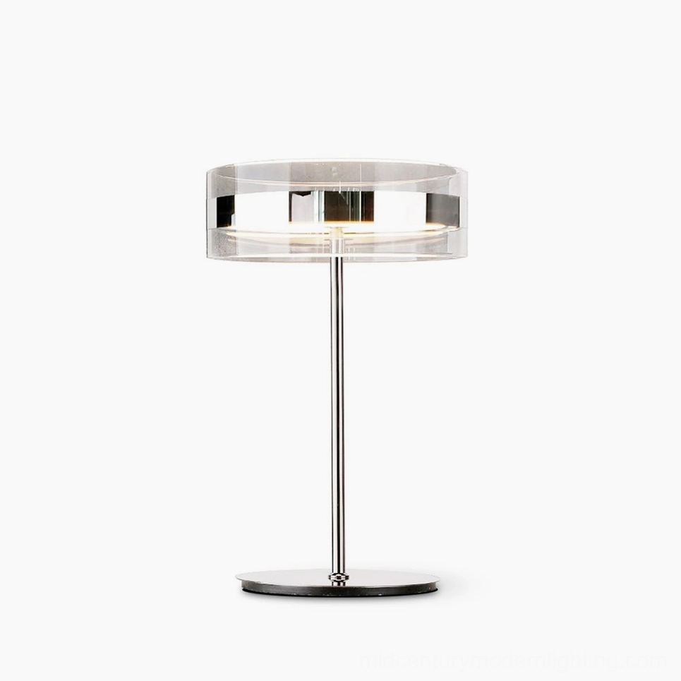 Kaede minimalist table lamp with polished chrome stem and clear acrylic shade, front studio view