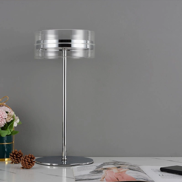 Contemporary home office table lamp with polished chrome finish, minimalist design aesthetic
