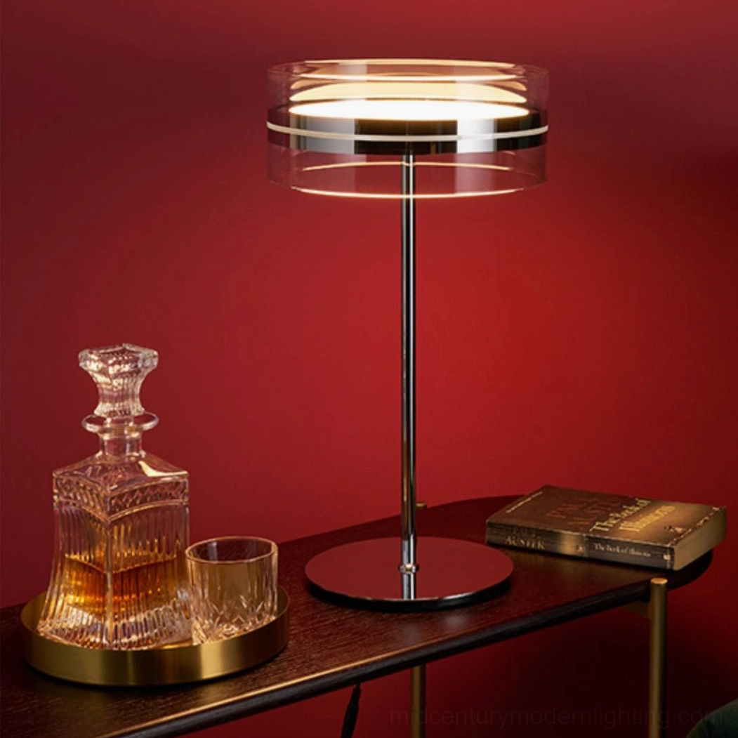 Scandinavian-inspired table lamp with warm glow on luxury side table, crystal decor styling