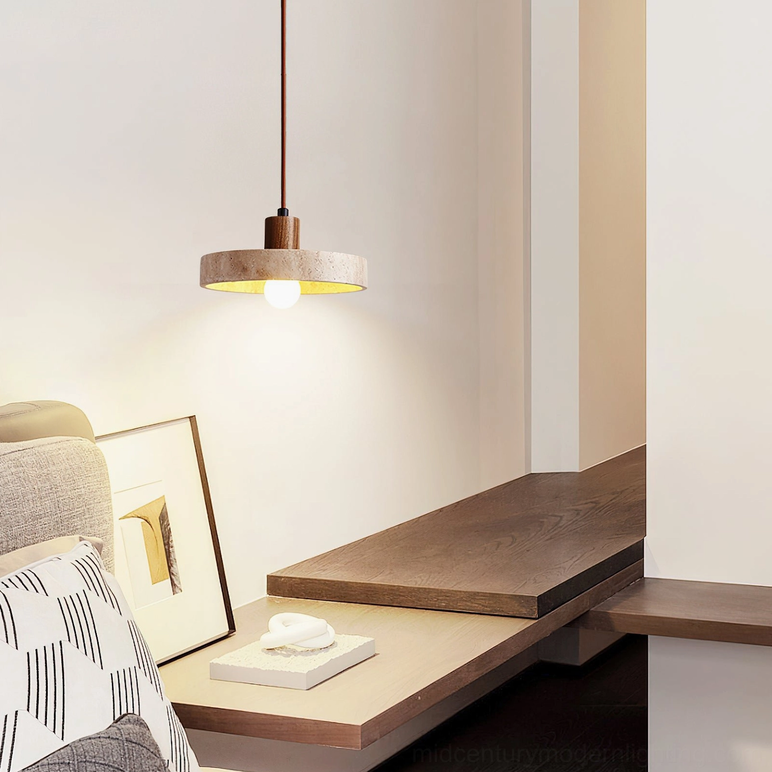 Kairi pendant lamp providing task lighting above desk in contemporary bedroom study area