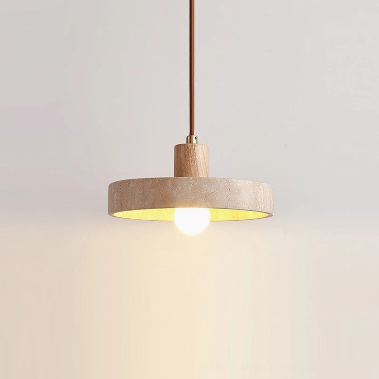 Single Kairi travertine pendant lamp with natural wood cap beige and wood color variant