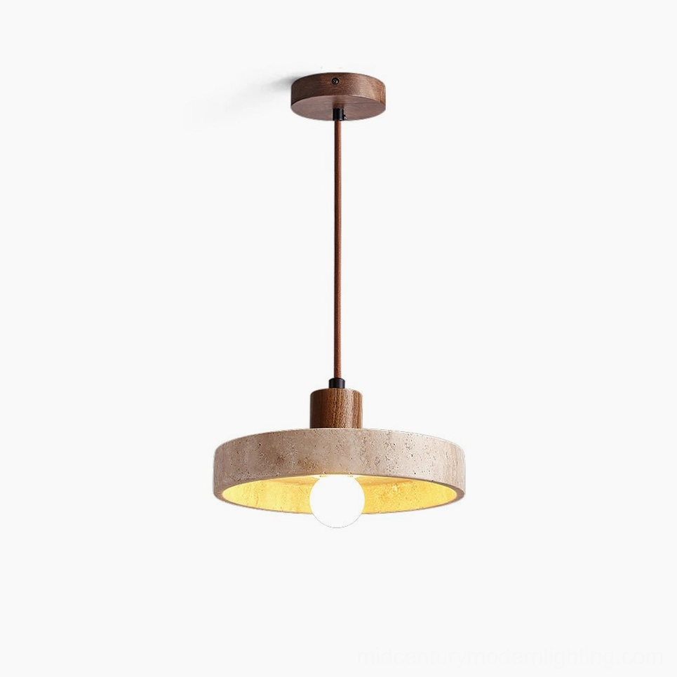 Kairi travertine pendant light with stone shade and wooden mounting cap on white background