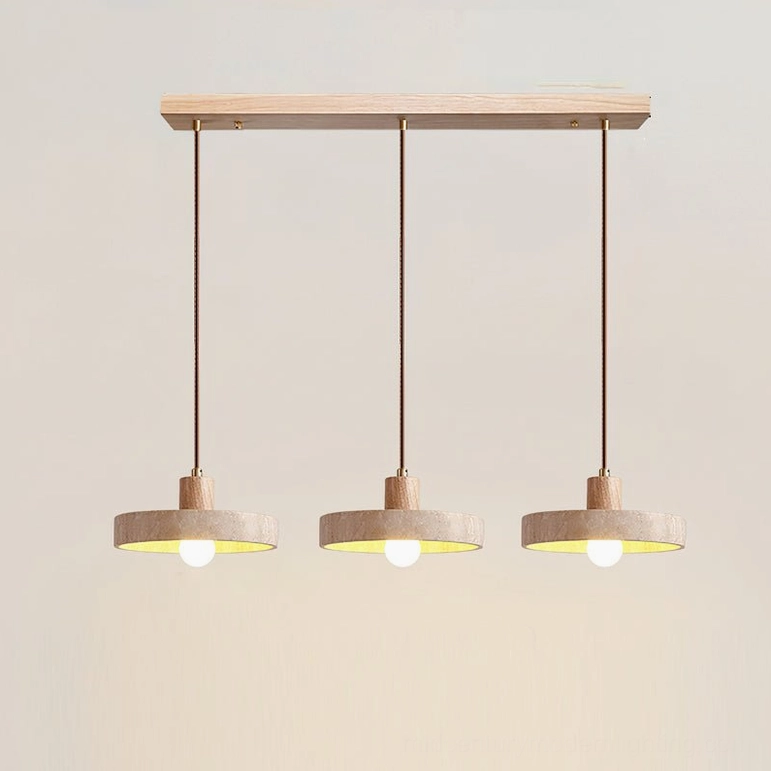 Three Kairi stone pendant lights in natural wood finish mid-century modern dining installation