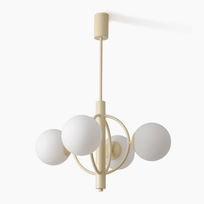 Kaiser 4-head mid-century modern chandelier with beige metal frame and frosted glass shades