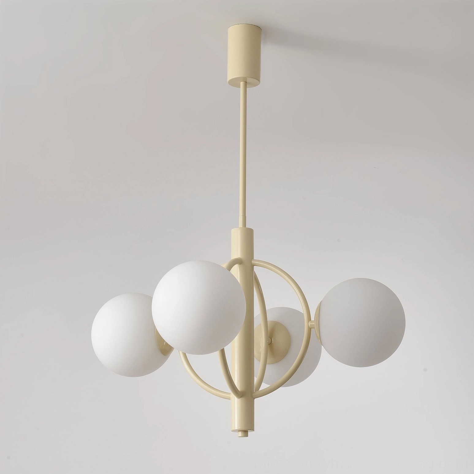 Kaiser 4-head cream chandelier with matte white frosted glass shades, front view