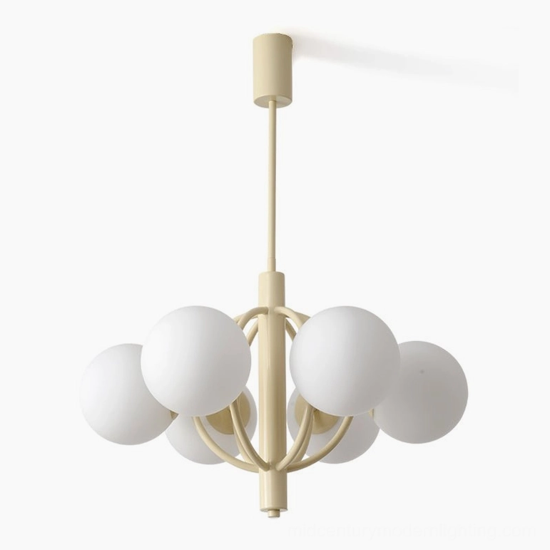 Kaiser 6-head mid-century modern chandelier, cream finish with frosted glass spheres